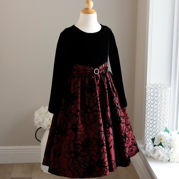 Black Velvet & Burgundy Flocked Taffeta Dress Special Occasion Size 7 - Picture 6 of 6